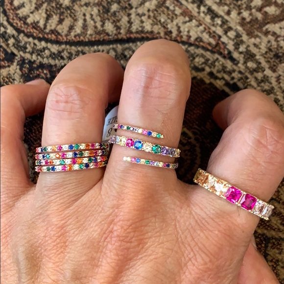 Rose Gold Plated multi color Rainbow Wedding Band - Picture 1 of 8